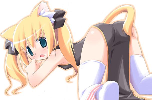 kagura yuuki, 1girl, animal ears, blonde hair, blue eyes, blush, cat ears, cat tail, china dress, chinese clothes, dress, female focus, from behind, loli, long hair, looking back, open mouth, panties, panties around leg, solo, striped clothes, striped panties, tail, thighhighs, top-down bottom-up, twintails, underwear, white thighhighs