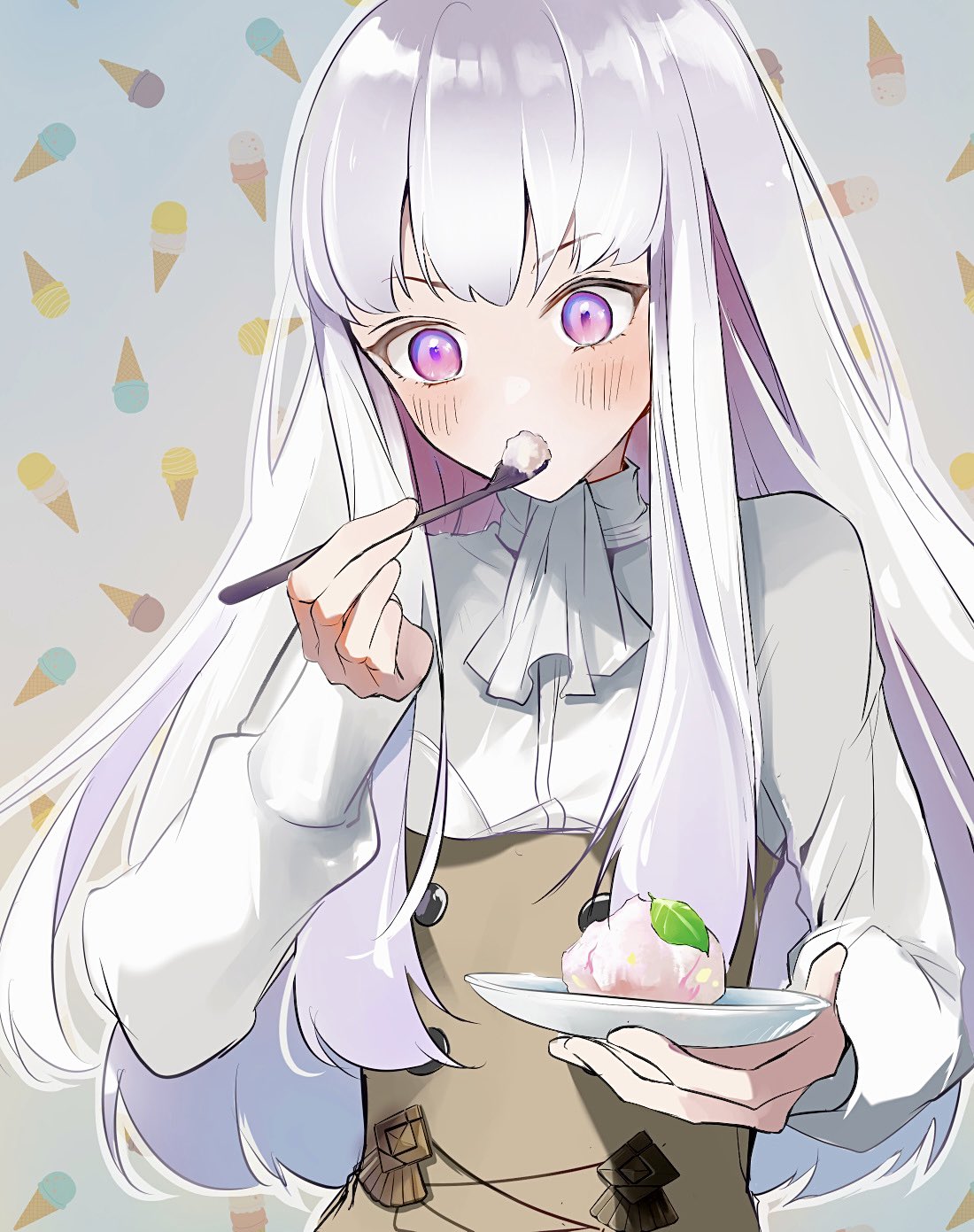 zat 296, lysithea von ordelia, fire emblem, fire emblem: three houses, nintendo, commentary request, highres, 1girl, ascot, blush, buttons, eating, food, garreg mach monastery uniform, holding, holding plate, holding spoon, long hair, long sleeves, open mouth, pink eyes, plate, shirt, solo, spoon, white ascot, white hair, white shirt