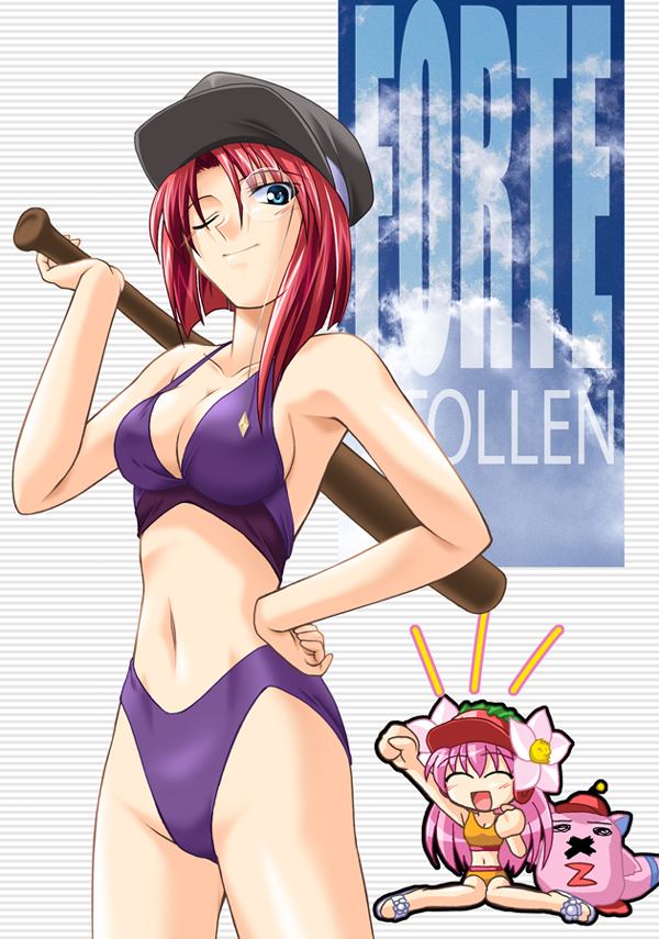 chogenbo musasiya, forte stollen, milfeulle sakuraba, normad, broccoli (company), galaxy angel, 00s, 2girls, baseball bat, bikini, cheering, closed eyes, flower, green eyes, hair flower, hair ornament, hat, highleg, highleg bikini, long hair, looking at viewer, monocle, monocle chain, multiple girls, one eye closed, pink hair, red hair, swimsuit, wink