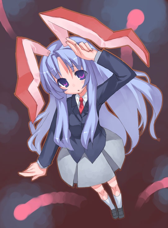 yasu, reisen udongein inaba, touhou, white legwear, 1girl, :o, animal ears, arm up, blazer, blue hair, dress shirt, female focus, from above, head tilt, jacket, loafers, long hair, looking at viewer, looking up, miniskirt, necktie, pleated skirt, purple eyes, rabbit ears, shirt, shoes, sidelocks, skirt, solo, standing, very long hair