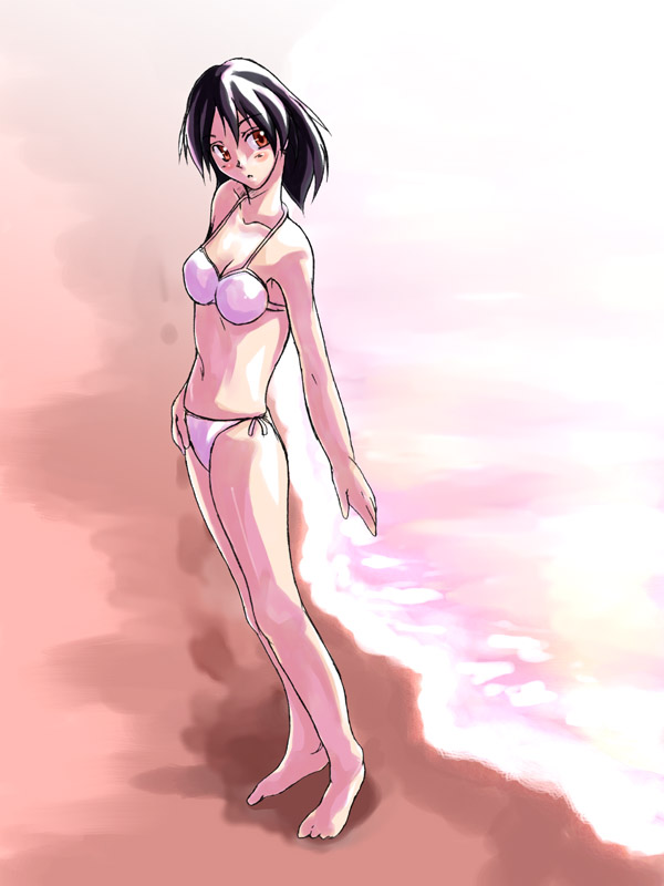 dozepara, tsukamoto yakumo, school rumble, 00s, 1girl, beach, bikini, black hair, female focus, head tilt, red eyes, sand, solo, swimsuit, white bikini