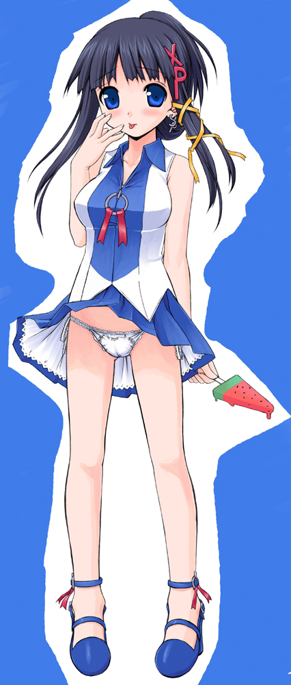 takayaki, xp-tan, os-tan, 1girl, ankle strap, black hair, blue eyes, blue skirt, female focus, food, fruit, hair ribbon, high heels, lace, lace-trimmed panties, lace trim, legs, lowleg, lowleg panties, mary janes, miniskirt, panties, popsicle, ribbon, shirt, shoes, side-tie panties, skirt, sleeveless, sleeveless shirt, solo, tress ribbon, underwear, watermelon, watermelon bar, white panties, wind, wind lift