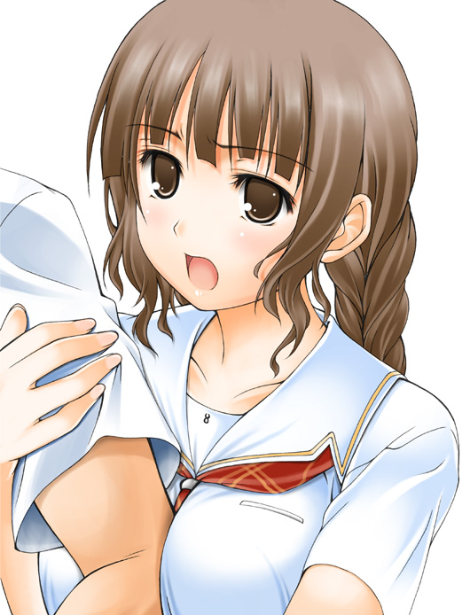 ribucci, mizusawa mao, kimi kiss, 1girl, arm hug, armcling, braid, brown eyes, brown hair, collarbone, open mouth, school uniform, serafuku, simple background, solo focus, white background