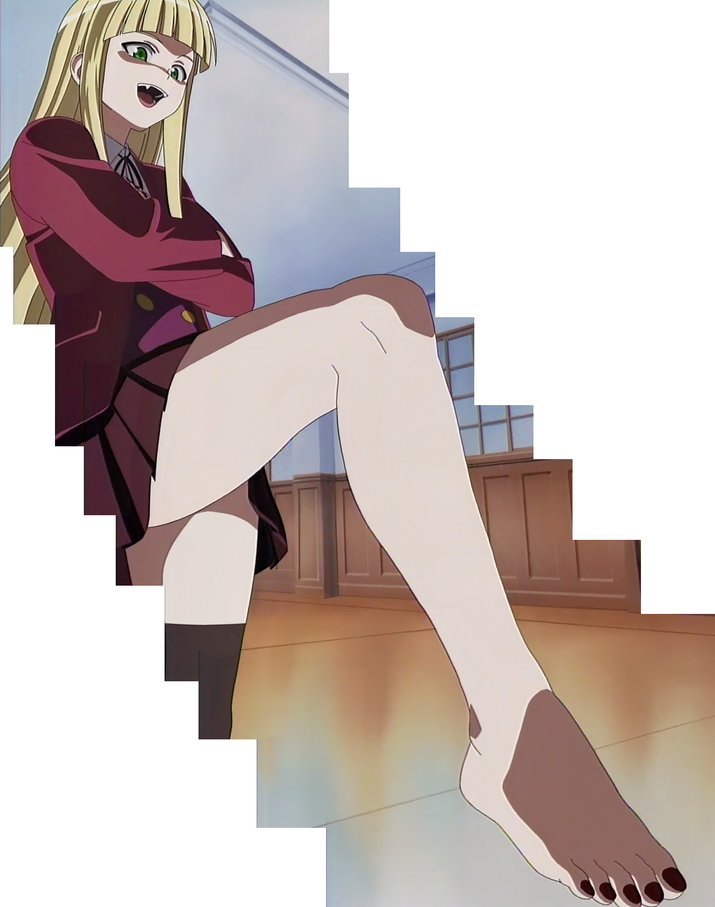 evangeline a.k. mcdowell, mahou sensei negima!, anime screenshot, highres, stitched, third-party edit, 00s, 1girl, barefoot, blonde hair, fangs, feet, female focus, green eyes, solo, thighhighs, toenails, toes, vampire