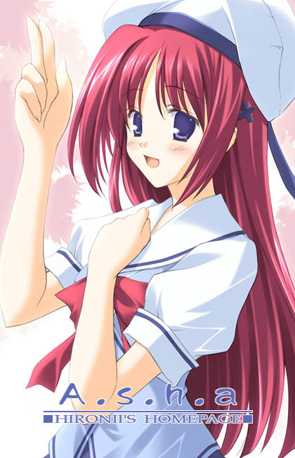 hironii (nirvana soft), shirakawa kotori, da capo, da capo i, 00s, 1girl, blue eyes, blush, female focus, hat, long hair, pink background, red hair, school uniform, smile, solo, white hat