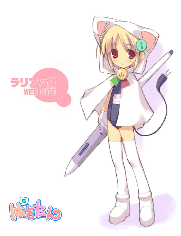 yaegashi nan, 1girl, animal ears, animal hood, blonde hair, cat ears, cat hood, cloak, fake animal ears, female focus, hood, hooded cloak, one-piece swimsuit, pasotan, red eyes, school swimsuit, solo, swimsuit, tail, thighhighs