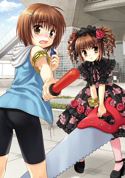 sato-pon, comiket, tokyo big sight, baton, black footwear, pink legwear, 2girls, :<, armband, baton (weapon), bigsight, bike shorts, black pants, brown hair, day, drill hair, floral print, flower, glasses, gothic lolita, hair flower, hair ornament, hand saw, hood, hooded jacket, jacket, lolita fashion, looking at viewer, looking back, multiple girls, open mouth, outdoors, pants, saw, shoes, short hair, standing, wavy mouth, weapon