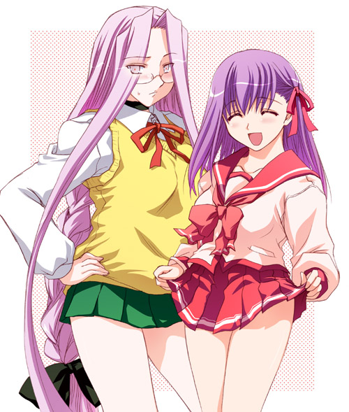 otaut-r, matou sakura, medusa (fate), medusa (rider) (fate), fate/stay night, fate (series), to heart, to heart (series), to heart 2, 2girls, bow, clothes lift, cosplay, crossover, glasses, long hair, multiple girls, parody, pink bow, pleated skirt, school uniform, serafuku, skirt, skirt lift, sweater, sweater vest, thighs, very long hair, vest