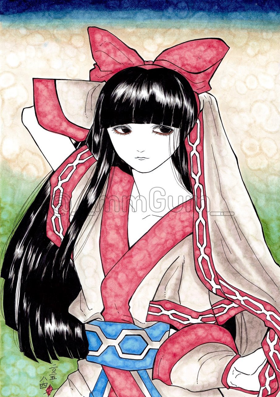 nakoruru, samurai spirits, snk, the king of fighters, highres, traditional media, 1girl, ainu clothes, arms up, artist name, black hair, breasts, cloak, expressionless, fingerless gloves, gloves, hair ribbon, long hair, looking at viewer, ribbon, small breasts