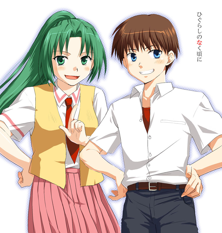 misaki juri, maebara keiichi, sonozaki mion, higurashi no naku koro ni, 00s, 1boy, 1girl, blue eyes, brown hair, copyright name, green eyes, green hair, grin, hands on own hips, index finger raised, long hair, looking at viewer, necktie, pants, ponytail, red necktie, school uniform, shirt, short sleeves, simple background, smile, very long hair, vest, white background