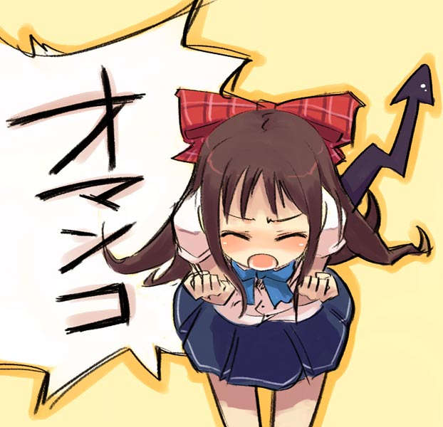 jpeg artifacts, 1girl, blush, brown hair, closed eyes, demon tail, female focus, hair ribbon, long hair, no nose, open mouth, orange outline, outline, pleated skirt, profanity, ribbon, school uniform, serafuku, skirt, solo, tail