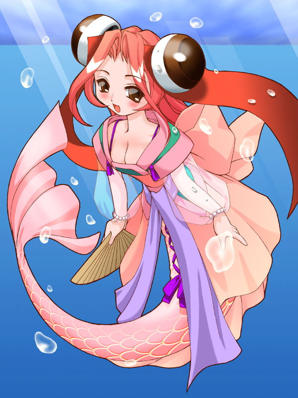 y jinn, chaos angels, 1girl, :d, brown eyes, bubble, female focus, folding fan, hairpods, hand fan, holding, holding fan, japanese clothes, mermaid, monster girl, open mouth, orange hair, smile, solo, underwater