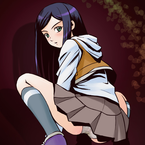 haruyama kazunori, kuga natsuki, my-hime, lowres, 00s, 1girl, ass, back, black hair, black socks, blush, female focus, green eyes, hood, hoodie, kneehighs, long hair, looking back, miniskirt, panties, pantyshot, pleated skirt, school uniform, serafuku, shoes, sitting, skirt, socks, solo, squatting, underwear, vest, white panties