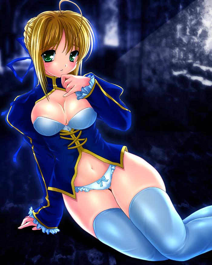 artoria pendragon (fate), saber (fate), fate/stay night, fate (series), alternate breast size, duplicate, 00s, 1girl, ahoge, antenna hair, arm support, blonde hair, bottomless, bow, bow panties, breasts, cleavage, female focus, frilled panties, frills, green eyes, hair ribbon, hip focus, large breasts, long sleeves, navel, no pants, panties, ribbon, sitting, solo, thighhighs, underwear, white panties, wide hips