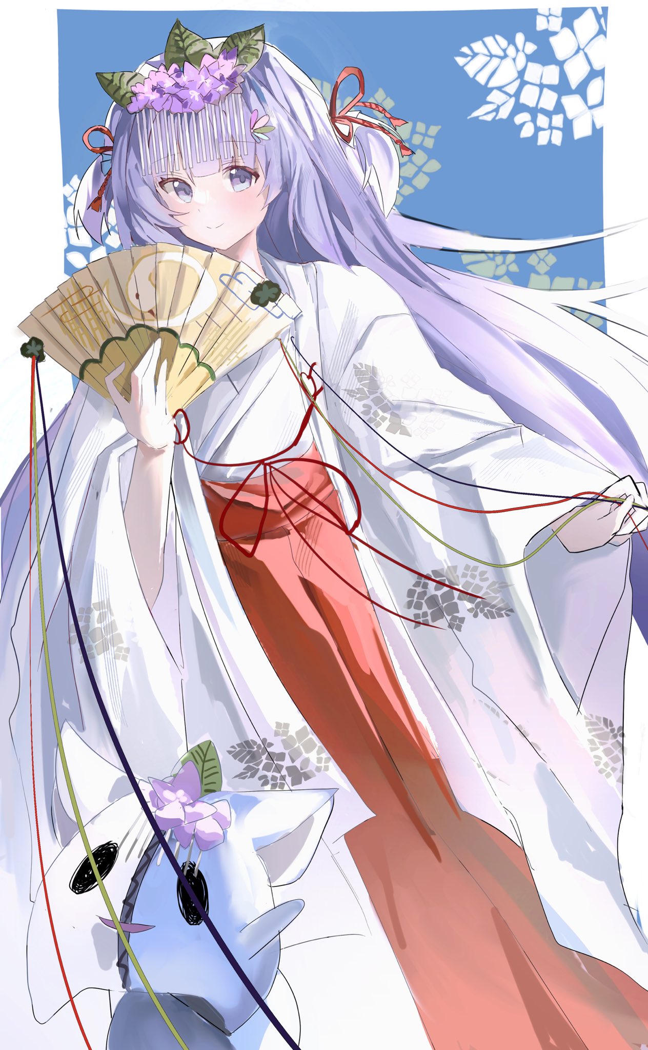 shiro rei419, kousaka haruka, sophitia, 9-nine-, commentary request, highres, 1girl, :d, alternate costume, black eyes, blue background, blue eyes, blush, border, closed mouth, feet out of frame, flower, folding fan, hair flower, hair ornament, hair ribbon, hakama, hand fan, hand up, holding, holding fan, japanese clothes, kimono, leaf hair ornament, long hair, long sleeves, looking at viewer, miko, open mouth, outside border, print fan, purple flower, purple hair, red hakama, red ribbon, ribbon, sidelighting, simple background, smile, snake print, solo, split mouth, standing, straight hair, two side up, very long hair, white border, white kimono, wide sleeves