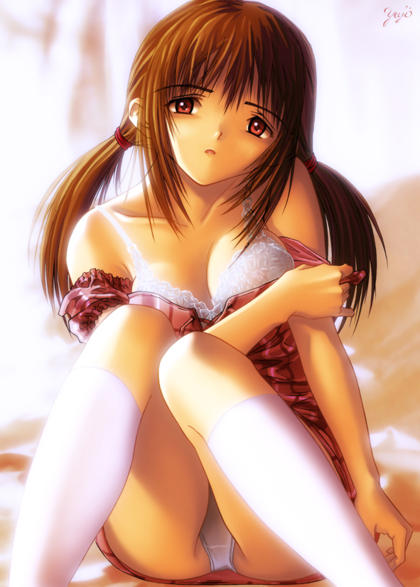 kobayashi yuji, original, pantyshot (sitting), bra, brown eyes, brown hair, dress, kneehighs, lingerie, open clothes, open shirt, panties, pantyshot, sitting, socks, strap slip, twintails, underwear, white panties