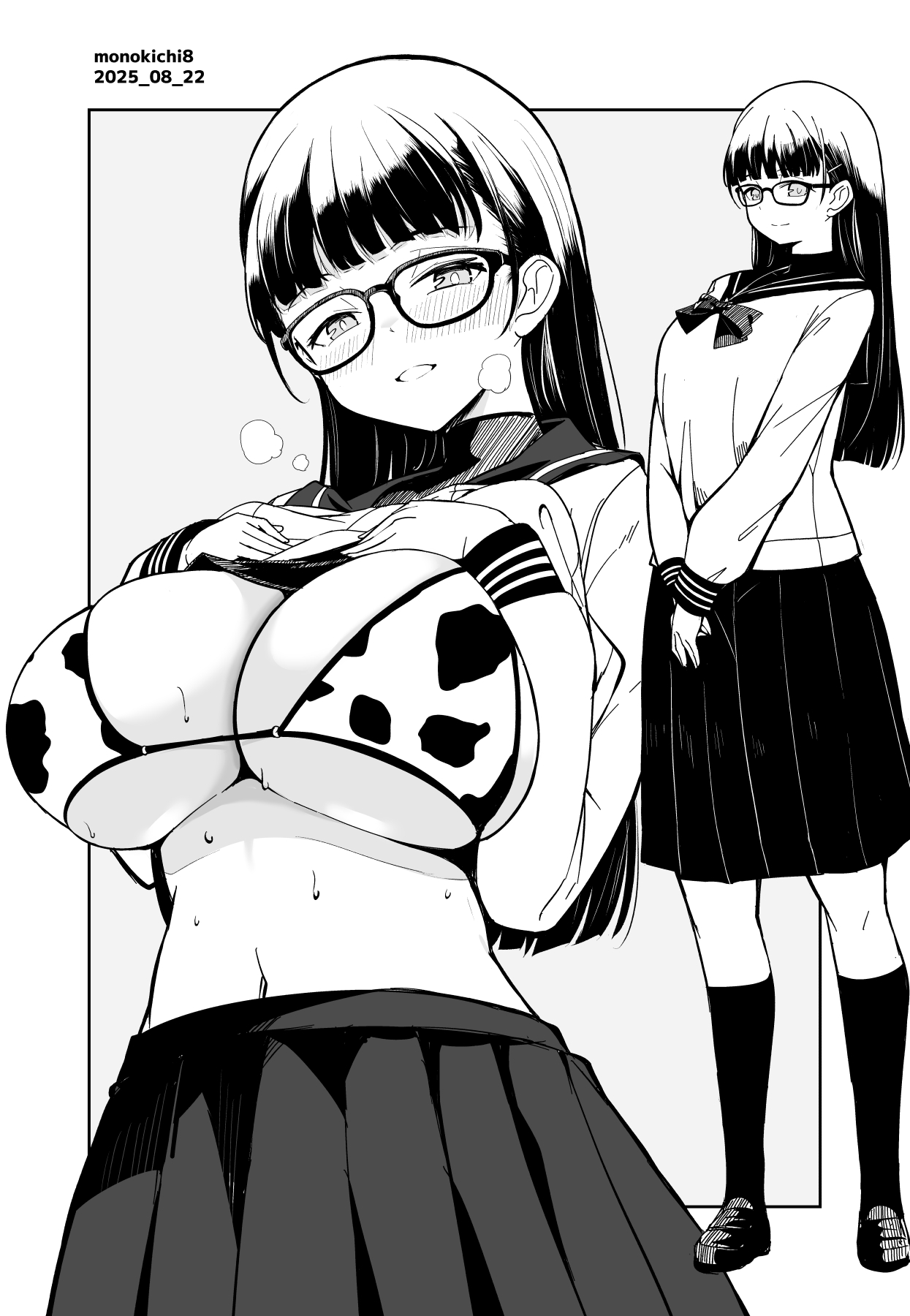 kichihachi, original, commentary request, highres, 1girl, animal print, artist name, bikini, blush, breasts, clothes lift, cow print, cow print bikini, dated, glasses, grey background, greyscale, large breasts, lifting own clothes, long hair, looking at viewer, monochrome, multiple views, pleated skirt, print bikini, sailor collar, school uniform, serafuku, shirt lift, skirt, swimsuit, two-tone background, white background