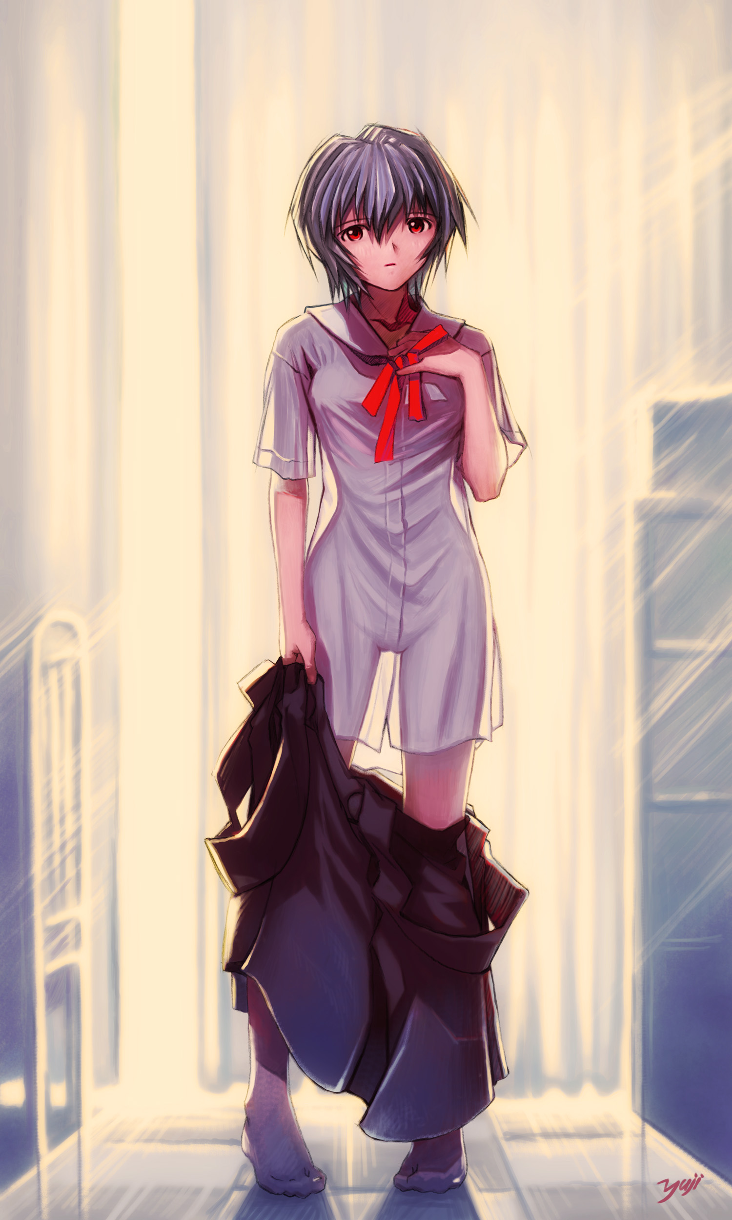 kobayashi yuji, ayanami rei, neon genesis evangelion, absurdres, highres, 1girl, blue hair, blush, female focus, no panties, red eyes, school uniform, see-through clothes, serafuku, shirt, short hair, skirt, solo, undressing, white shirt