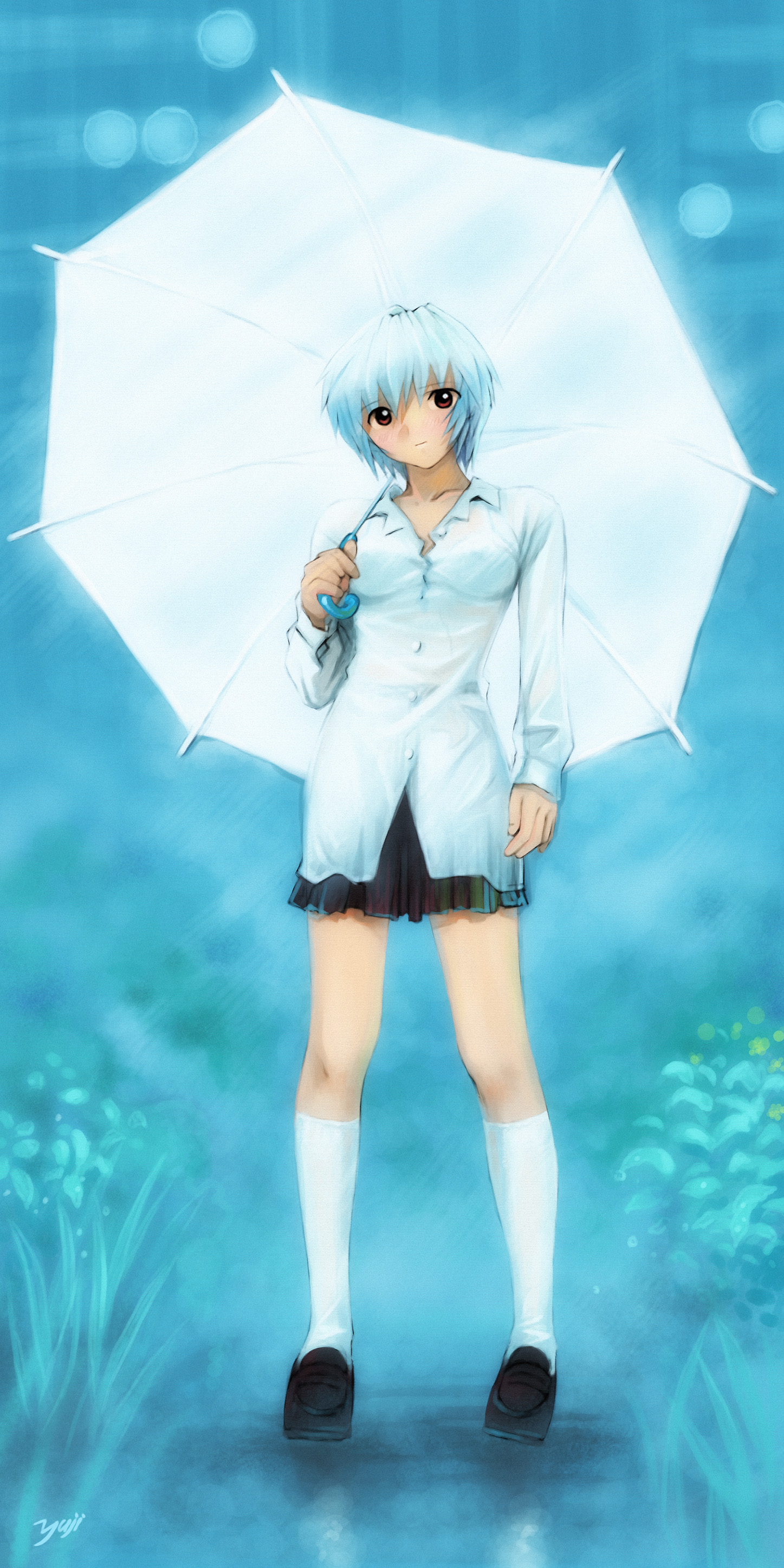 kobayashi yuji, ayanami rei, neon genesis evangelion, white legwear, absurdres, highres, 1girl, artist name, black shoes, blue hair, blush, breasts, female focus, full body, holding, medium breasts, red eyes, see-through clothes, shoes, short hair, skirt, solo, umbrella