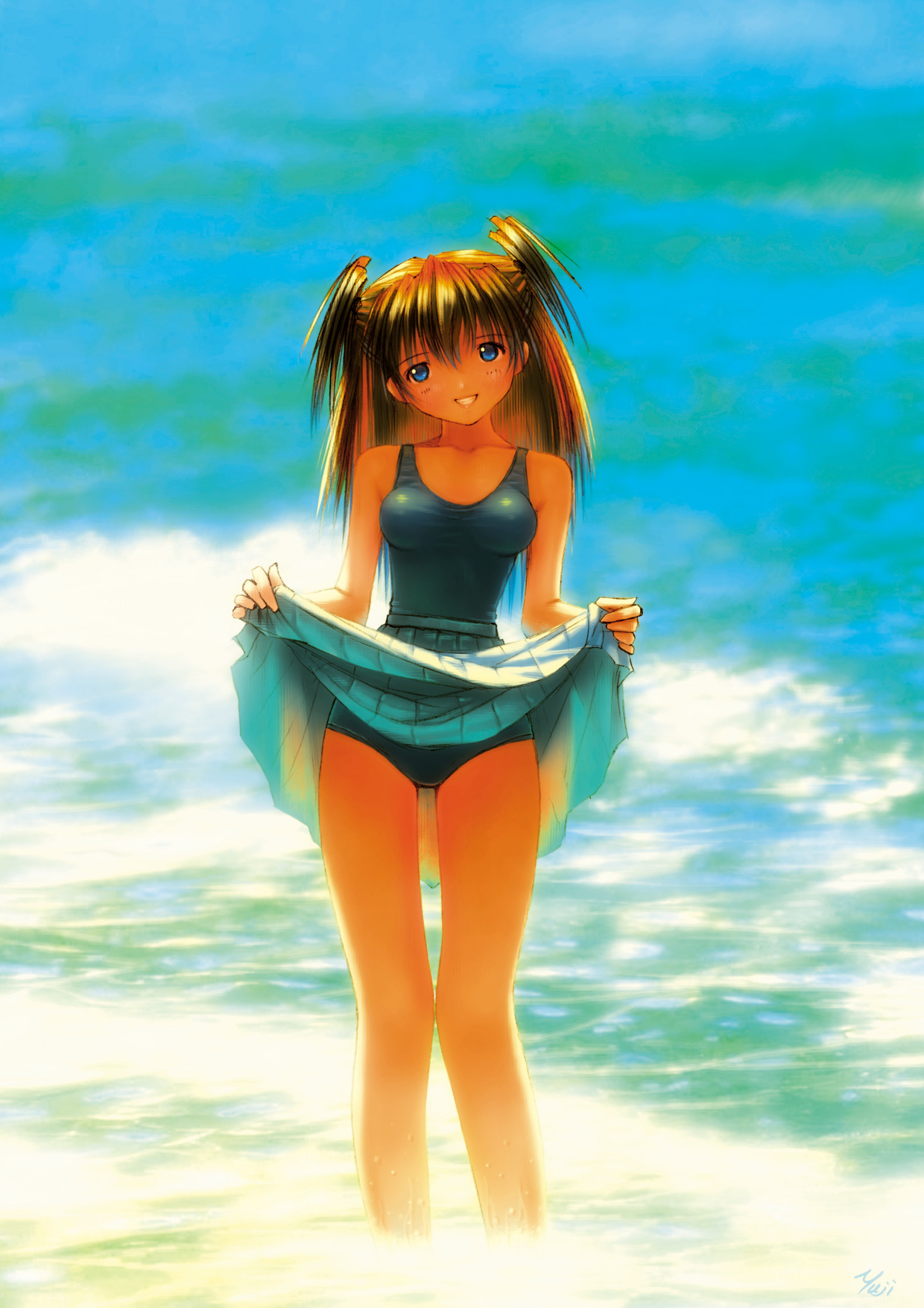kobayashi yuji, souryuu asuka langley, neon genesis evangelion, highres, scan, 1girl, :d, artist name, blue eyes, blush, clothes lift, female focus, hairpods, interface headset (evangelion), lifting own clothes, looking at viewer, ocean, one-piece swimsuit, open mouth, outdoors, skirt, skirt lift, smile, solo, swimsuit, swimsuit under clothes, wading, water