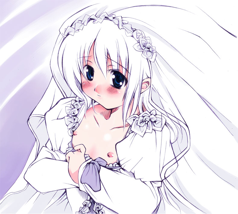 1girl, blush, bridal veil, dress, female focus, flat chest, nipples, solo, veil, wedding dress