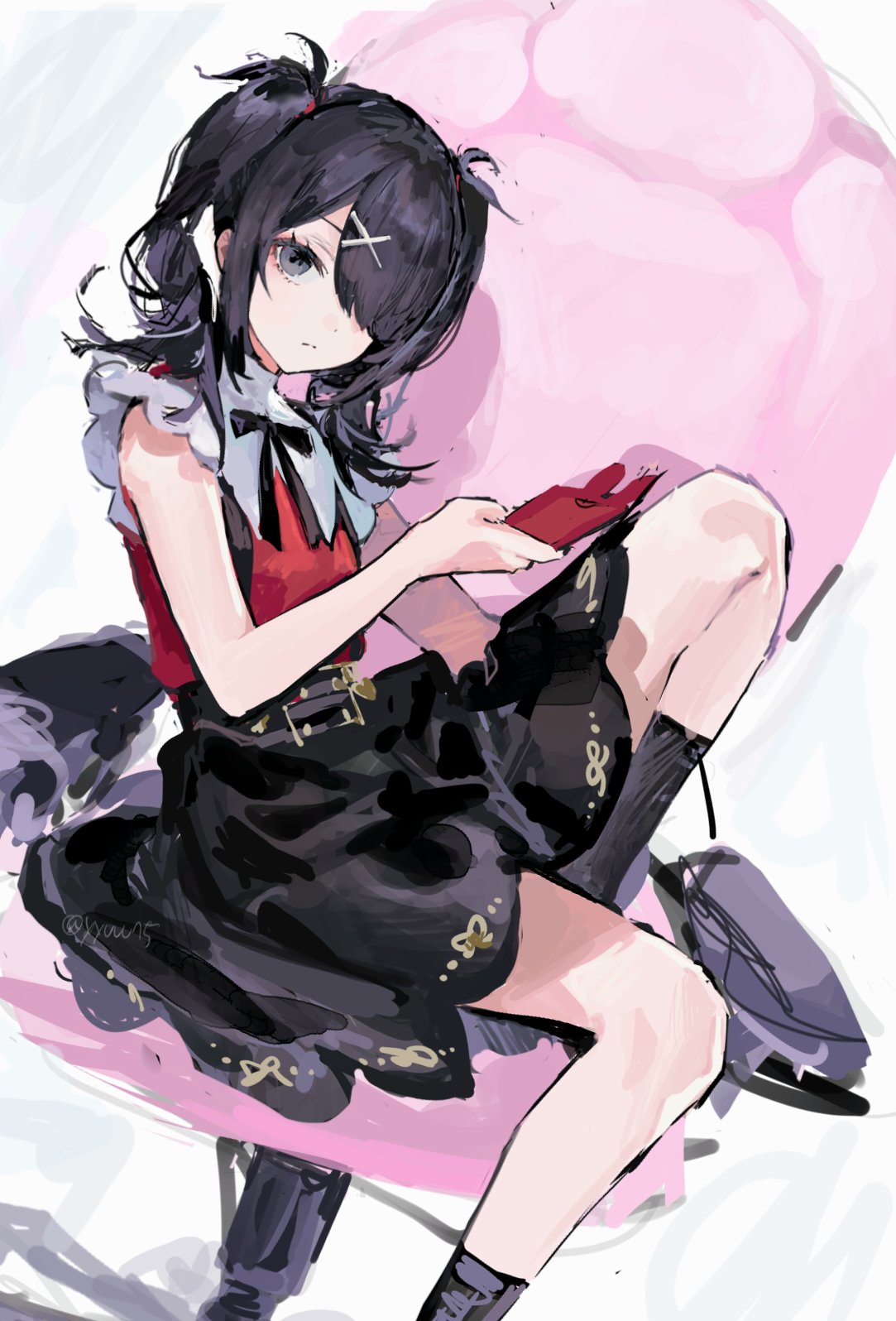 yuuli (tuna221022), ame-chan (needy girl overdose), needy girl overdose, highres, 1girl, black eyes, black hair, black ribbon, black skirt, black socks, cellphone, hair ornament, hair over one eye, high-waist skirt, holding, holding phone, long hair, neck ribbon, phone, red shirt, ribbon, shirt, skirt, socks, solo, suspender skirt, suspenders, twintails, x hair ornament