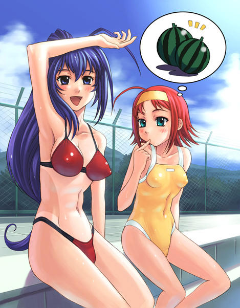 yasuomi, hayase mitsuki, suzumiya akane, kimi ga nozomu eien, 00s, 2girls, ahoge, aqua eyes, arm up, armpits, bikini, blue eyes, blue hair, breast envy, breasts, cameltoe, chain-link fence, cleavage, cloud, covered erect nipples, covered navel, day, fence, finger to mouth, food, fruit, green eyes, hairband, jealous, large breasts, long hair, multiple girls, navel, one-piece swimsuit, one-piece tan, orange hair, outdoors, pool, poolside, red hair, sitting, skin tight, spoken food, swimsuit, tan, tanline, watermelon