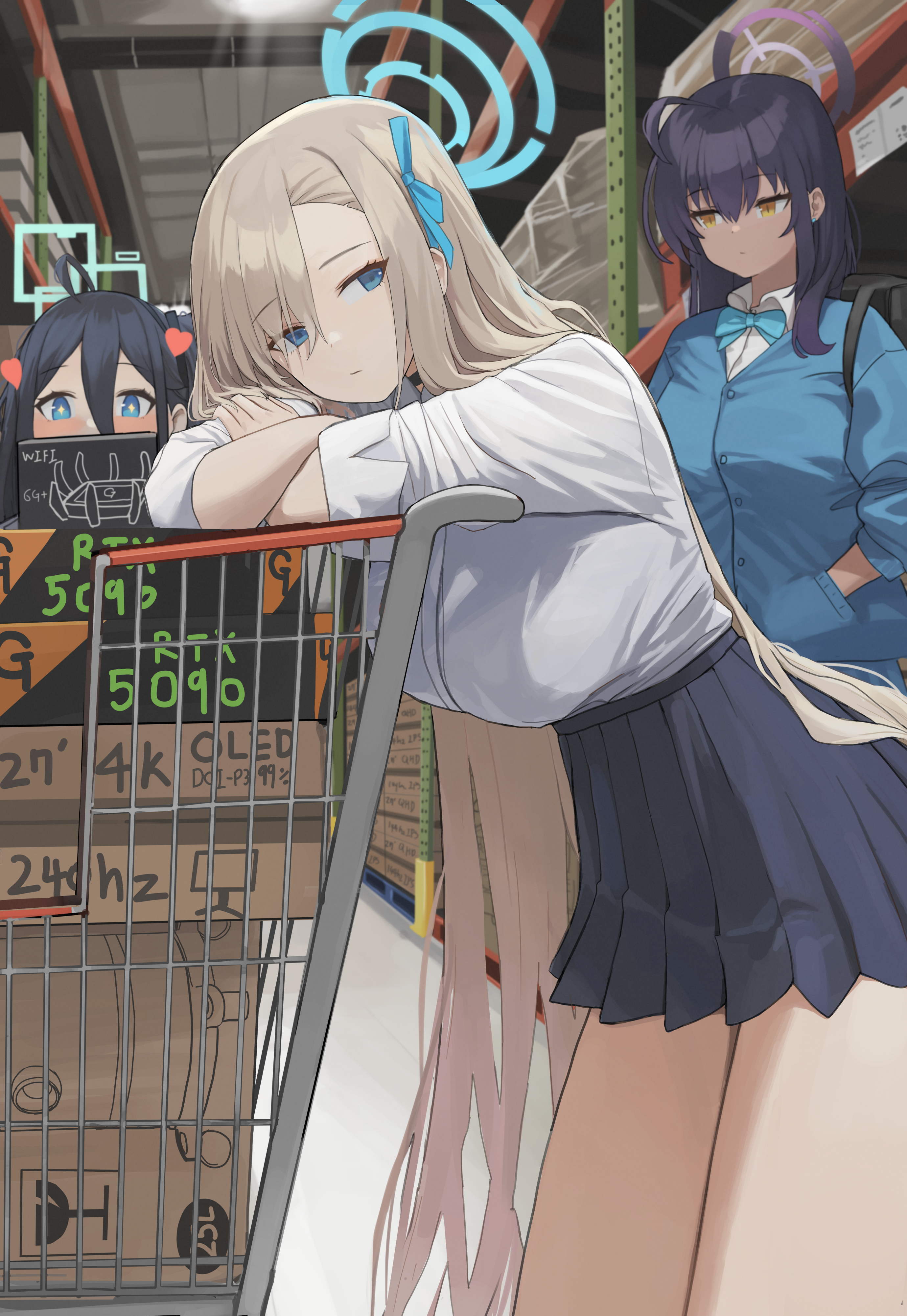 dolri, aris (blue archive), asuna (blue archive), asuna (school uniform) (blue archive), karin (blue archive), karin (school uniform) (blue archive), blue archive, absurdres, highres, + +, 3girls, black hair, black skirt, blonde hair, blue cardigan, blue eyes, blue halo, blue ribbon, blush, breasts, cardigan, closed mouth, crossed arms, hair between eyes, hair over one eye, halo, hand in pocket, large breasts, long hair, looking at another, looking at viewer, multiple girls, official alternate costume, one side up, pleated skirt, purple halo, ribbon, shirt, shopping, shopping cart, sidelocks, skirt, sleeves rolled up, white shirt, yellow eyes