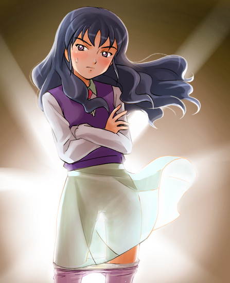 haruyama kazunori, menori, menori visconti, mujin wakusei survive, 00s, 1girl, blush, clothes pull, crossed arms, female focus, no panties, panties, panty pull, pantyhose, pantyhose pull, purple sweater vest, pussy, see-through clothes, silhouette, skirt, solo, sweatdrop, sweater vest, underwear, white pantyhose