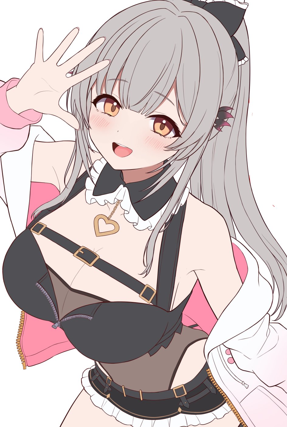 daysss, suou patra, indie virtual youtuber, highres, 1girl, arm up, bare shoulders, belt, black shirt, black skirt, bow, breasts, brown leotard, cleavage, collar, cowboy shot, crop top, detached collar, flat color, frilled collar, frilled skirt, frills, grey hair, hair bow, heart, highleg, highleg leotard, jacket, large breasts, leotard, long hair, looking at viewer, microskirt, off shoulder, open clothes, open jacket, open mouth, orange eyes, ponytail, shirt, simple background, skirt, sleeveless, sleeveless shirt, smile, solo, unzipped, virtual youtuber, white background, white jacket
