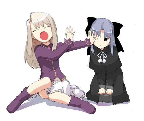 brat (brabrabrat00), takenashi eri, illyasviel von einzbern, len (tsukihime), fate/hollow ataraxia, fate/stay night, fate (series), melty blood, tsukihime, type-moon, purple footwear, 00s, 2girls, blonde hair, boots, closed eyes, company connection, crossover, dress, grey hair, miniskirt, multiple girls, one eye closed, open mouth, pointy ears, pushing, ribbon, shadow, sitting, skirt, wink