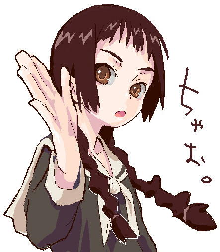 yoshida on, shimazu yoshino, maria-sama ga miteru, 00s, 1girl, braid, brown eyes, brown hair, female focus, hair over shoulder, long hair, long sleeves, oekaki, open mouth, school uniform, simple background, solo, twin braids, white background