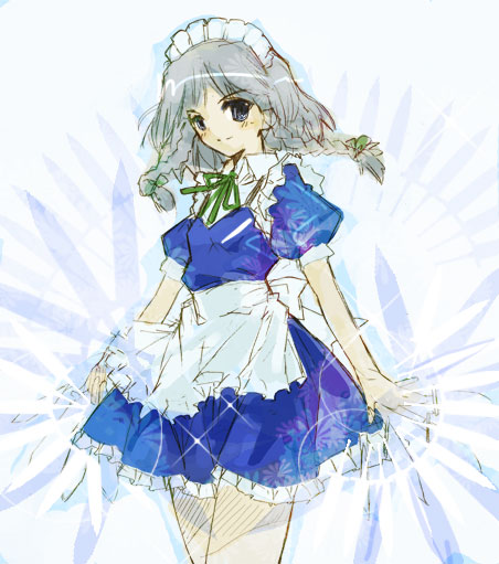 momiji mao, izayoi sakuya, touhou, >:), 1girl, apron, blue skirt, blush, bow, bowtie, braid, dress, female focus, frilled dress, frills, grey eyes, grey hair, hair bow, knife, maid, maid apron, maid headdress, pantyhose, puffy short sleeves, puffy sleeves, short hair, short sleeves, simple background, skirt, solo, throwing knife, twin braids, v-shaped eyebrows, weapon, white background, white pantyhose