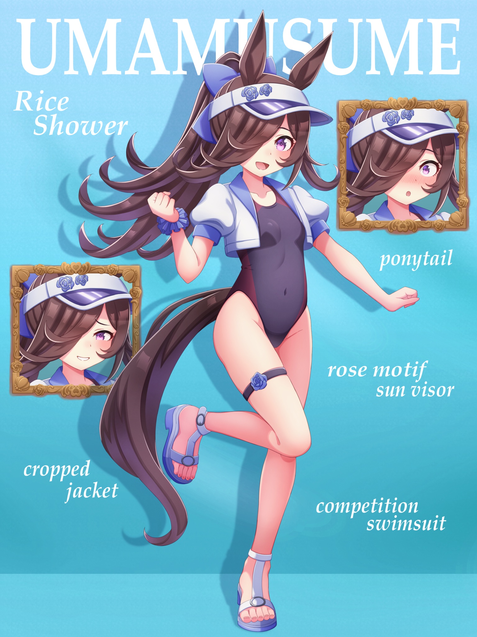 hokuyukis, rice shower (umamusume), umamusume, highres, 1girl, alternate costume, animal ears, black hair, breasts, character name, full body, hair between eyes, hair ornament, horse ears, horse girl, horse tail, long hair, navel, purple eyes, sandals, simple background, small breasts, solo, swimsuit, tail, visor cap