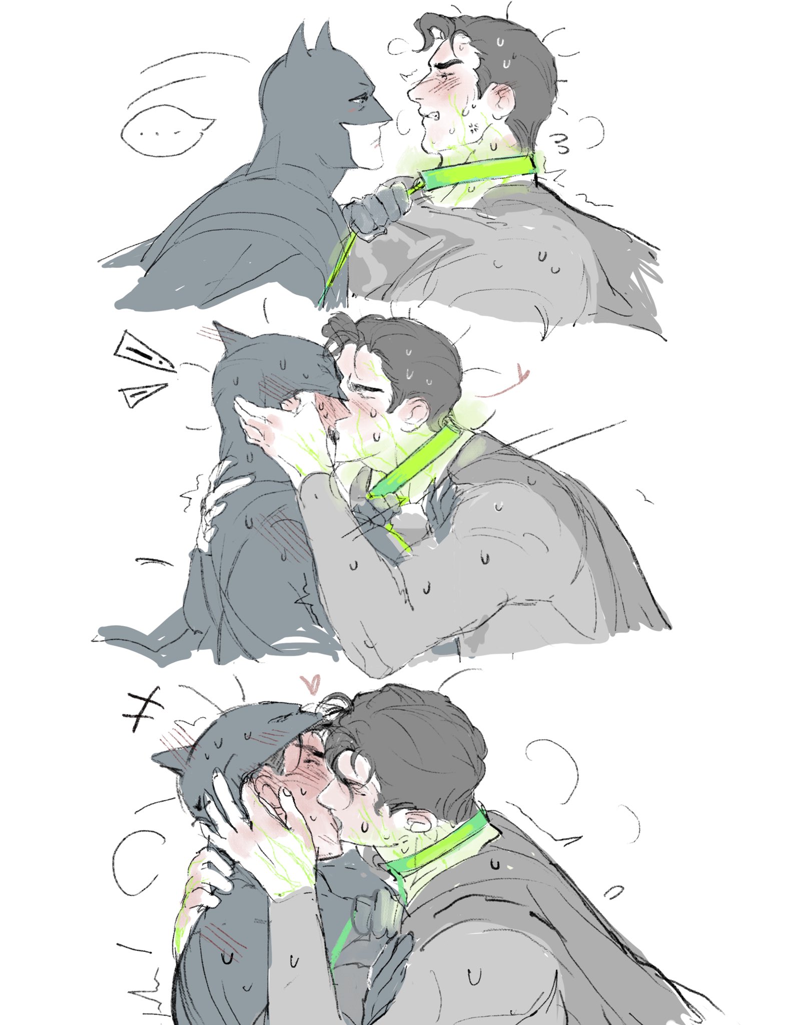 pearlyx z, batman, bruce wayne, clark kent, superman, batman (series), dc comics, superman (series), commentary, highres, …, 2boys, blush, cape, clenched teeth, closed eyes, collar, cropped torso, eye contact, full-face blush, gloves, green collar, hand on another's face, holding, holding leash, kiss, leash, leash pull, long sleeves, looking at another, male focus, mask lift, motion lines, multiple boys, multiple views, nervous sweating, sequential, short hair, simple background, speech bubble, spoken ellipsis, superhero costume, sweat, teeth, white background, yaoi