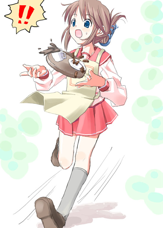 55kb, komaki manaka, to heart (series), to heart 2, !, !!, 00s, 1girl, apron, clumsy, female focus, folded ponytail, solo, spilling, tray
