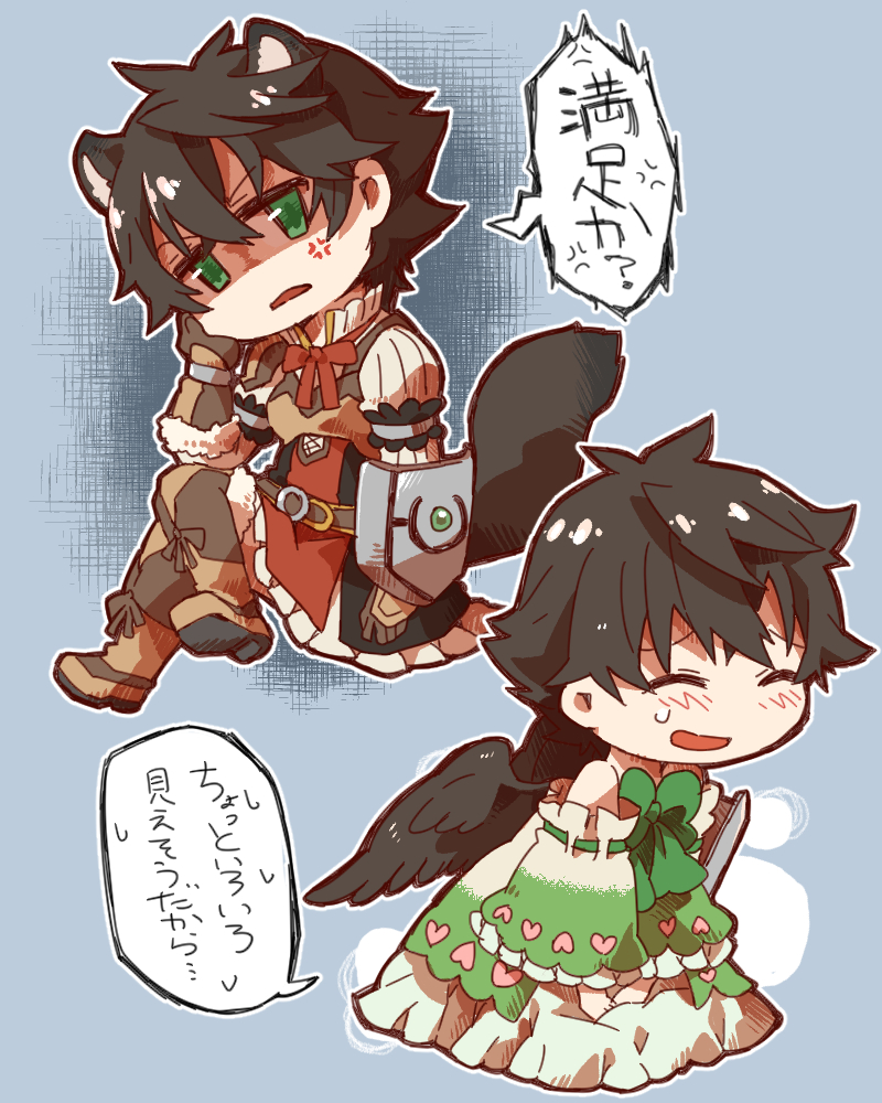shunrai, iwatani naofumi, raphtalia, sakura (yari no yuusha no yarinaoshi), tate no yuusha no nariagari, yari no yuusha no yarinaoshi, commentary request, translation request, 1boy, :d, ^ ^, alternate species, anger vein, animal ears, arm shield, armor, armored gloves, bare shoulders, belt, bird boy, bird wings, black dress, black hair, black wings, blue background, blush, boots, bow, breastplate, brown belt, brown boots, brown gloves, chest bow, closed eyes, collared dress, cosplay, costume switch, crossdressing, crossdressing (mtf), crossed legs, detached sleeves, dress, elbow gloves, facing viewer, feathered wings, full body, fur-trimmed boots, fur-trimmed gloves, fur trim, gloves, green bow, green dress, green eyes, green ribbon, hair between eyes, high collar, leather armor, long sleeves, looking at viewer, looking down, messy hair, metal arm cuffs, metal wrist cuffs, neck ribbon, open mouth, pauldrons, polearm, raccoon boy, raccoon ears, raccoon tail, raphtalia (cosplay), red dress, red ribbon, ribbon, ribbon-trimmed sleeves, ribbon trim, sakura (yari no yuusha no yarinaoshi) (cosplay), short dress, short hair, shoulder armor, sidelocks, single pauldron, sitting, sleeveless, sleeveless dress, smile, spear, speech bubble, standing, striped clothes, striped dress, sweatdrop, tail, thigh boots, time paradox, two-tone dress, vertical-striped clothes, vertical-striped dress, weapon, white dress, wide sleeves, wings
