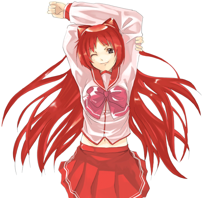 kabocha, kabocha (monkey4), kousaka tamaki, to heart (series), to heart 2, 00s, 1girl, arms up, blush, brown hair, cowboy shot, female focus, long hair, long sleeves, midriff, one eye closed, pleated skirt, red hair, school uniform, serafuku, skirt, solo, stretching, very long hair, wink