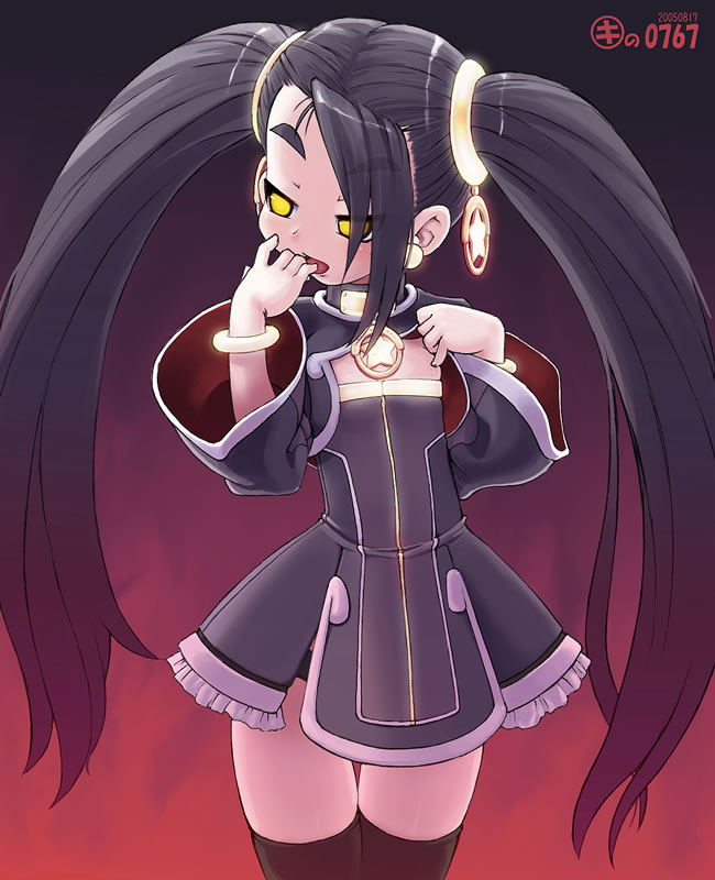 kei jiei, zoids, zoids genesis, character request, 00s, 1girl, 2005, black dress, black hair, black panties, black thighhighs, blush, bracelet, cowboy shot, dated, dress, earrings, empty eyes, eyes visible through hair, female focus, finger in own mouth, flat chest, frilled dress, frills, gradient background, hair ornament, hair over one eye, hand on own chest, jewelry, long hair, looking to the side, necklace, open mouth, panties, pendant, short dress, side slit, solo, star (symbol), thick eyebrows, thigh gap, thighhighs, turtleneck, twintails, underwear, wide sleeves, yellow eyes, zettai ryouiki