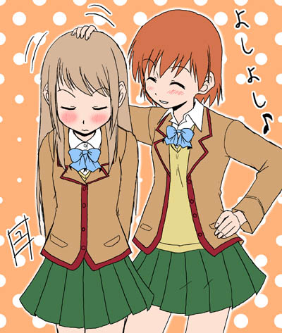 satou yuuki, ginga kuon, kinjo nanaho, kinjou nanaho, gokujou seitokai, lowres, 00s, 2girls, headpat, multiple girls, school uniform, serafuku