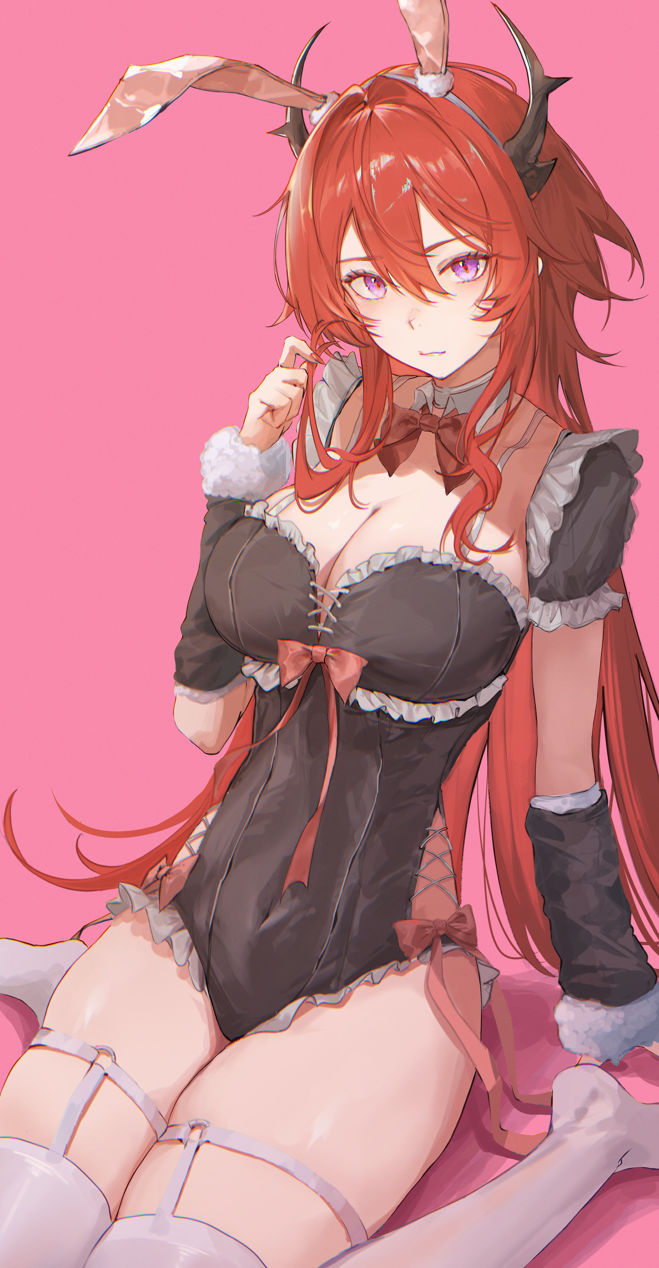 hrk (dxez4457), surtr (arknights), arknights, absurdres, commentary request, highres, 1girl, alternate costume, animal ear hairband, animal ears, black leotard, bow, bowtie, breasts, cleavage, closed mouth, covered navel, demon horns, detached collar, fake animal ears, frilled leotard, frills, garter straps, hair between eyes, hairband, highleg, highleg leotard, horns, large breasts, leotard, long hair, looking at viewer, pink background, playboy bunny, purple eyes, rabbit ear hairband, rabbit ears, red bow, red bowtie, red hair, short sleeves, simple background, sitting, solo, strapless, strapless leotard, thigh strap, thighhighs, very long hair, wariza, white thighhighs