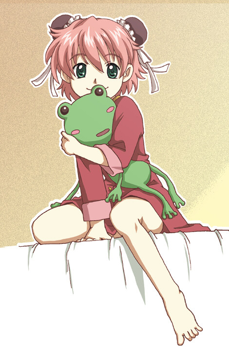 ajino hiraki (mount punch), anita king, r.o.d the tv, read or die, 00s, 1girl, barefoot, bun cover, double bun, feet, female focus, frog, hair bun, loli, looking at viewer, sitting, smile, solo, stuffed animal, stuffed frog, stuffed toy, toes