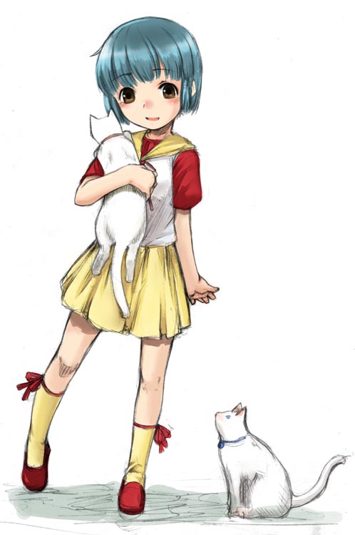 sody, morisawa yuu, mahou no tenshi creamy mami, 1980s (style), 1girl, animal, blue hair, blush, bob cut, brown eyes, cat, female focus, full body, holding, hood, kneehighs, looking at viewer, oldschool, retro artstyle, shoes, short hair, short sleeves, skirt, smile, socks, solo, walking