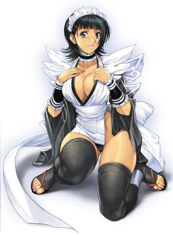 homare (fool's art), iroha (samurai spirits), samurai spirits, snk, 1girl, black thighhighs, breasts, cleavage, dou yo, female focus, flipped hair, full body, japanese clothes, large breasts, maid, no panties, sandals, short hair, solo, thighhighs, zouri