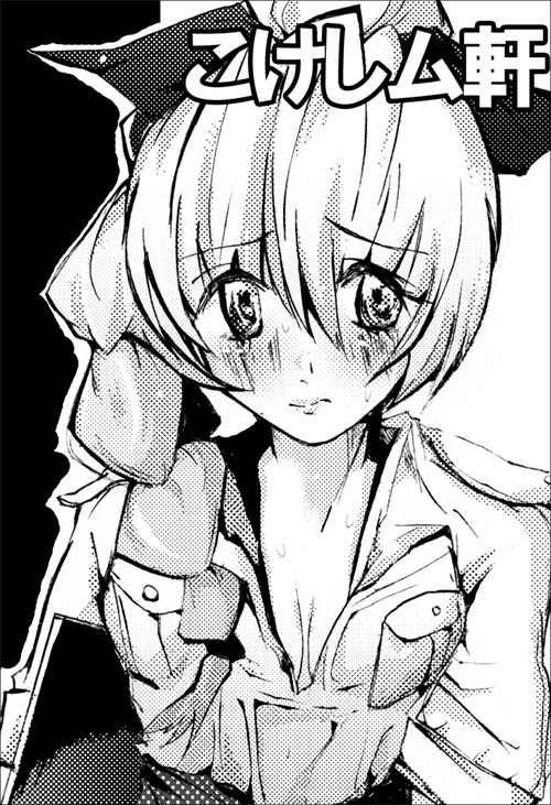 kokeshi men, teletha testarossa, full metal panic!, 00s, 1girl, blush, breasts, circle cut, cleavage, female focus, greyscale, monochrome, solo