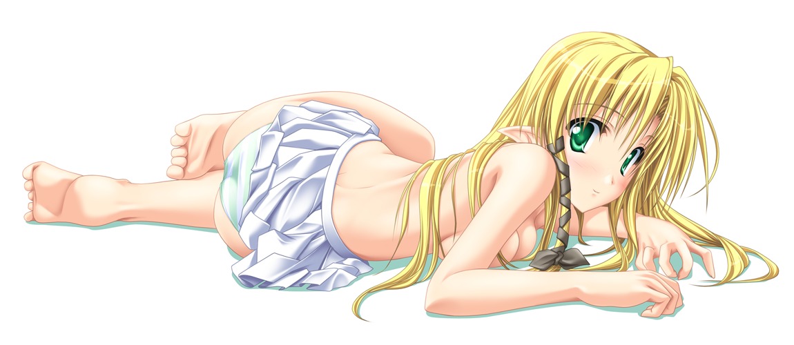 tenmaso, kareha, shuffle!, 00s, 1girl, barefoot, blonde hair, elf, feet, female focus, green eyes, green panties, looking back, lying, miniskirt, on side, panties, pointy ears, skirt, soles, solo, striped clothes, striped panties, toes, topless female, underwear