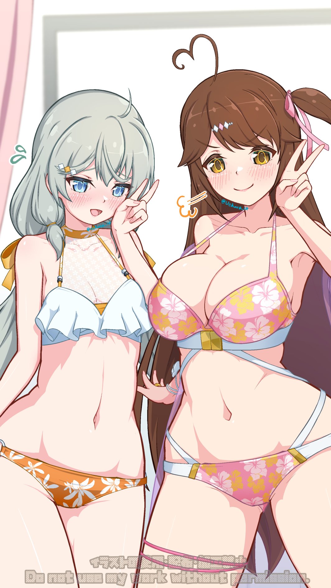 ueharu, kanabako misora, kuo shenlin, serizawa chikaru, takasuga tsukushi, assault lily, commentary request, highres, >:), 2girls, adapted costume, ahoge, arm at side, bare arms, bare shoulders, bikini, blush, breasts, brown hair, cleavage, closed mouth, collarbone, cosplay, cowboy shot, curtains, floral print, flower, flying sweatdrops, grey hair, groin, hair ornament, hair ribbon, hairclip, halterneck, hand on own cheek, hand on own face, hand up, heart, heart ahoge, indoors, jewelry, kuo shenlin (cosplay), large breasts, layered bikini, long hair, looking at viewer, low twintails, medium breasts, multi-strapped bikini bottom, multicolored bikini, multiple girls, navel, o-ring, o-ring bikini, o-ring bottom, one side up, open mouth, orange bikini, pink bikini, pink ribbon, print bikini, puff of air, raised eyebrows, ribbon, ring, see-through bikini, see-through cleavage, see-through clothes, serizawa chikaru (cosplay), standing, stomach, strap gap, swimsuit, twintails, twitter username, two-tone bikini, v, v-shaped eyebrows, very long hair, watermark, white background, white bikini, white flower, wrist flower, yellow eyes
