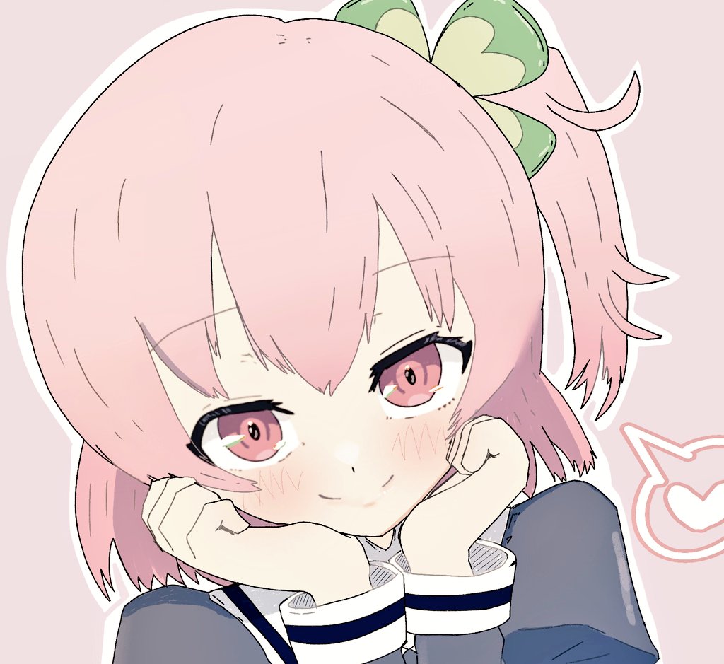 dalia (flagdali), hitotsuyanagi riri, assault lily, commentary request, 1girl, blush, brown background, closed mouth, clover hair ornament, four-leaf clover hair ornament, hair ornament, hands on own cheeks, hands on own face, hands up, heart, juliet sleeves, long sleeves, looking at viewer, one side up, outline, pink eyes, pink hair, portrait, puffy sleeves, school uniform, short hair, simple background, smile, solo, speech bubble, spoken heart, white outline, yurigaoka girls academy school uniform