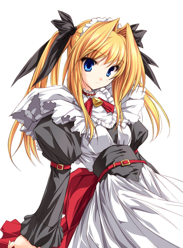 tenmaso, katori rea, parfait chocolat second brew, bell, blonde hair, blue eyes, bow, dress, hair bow, maid, solo, twintails, two-tone dress