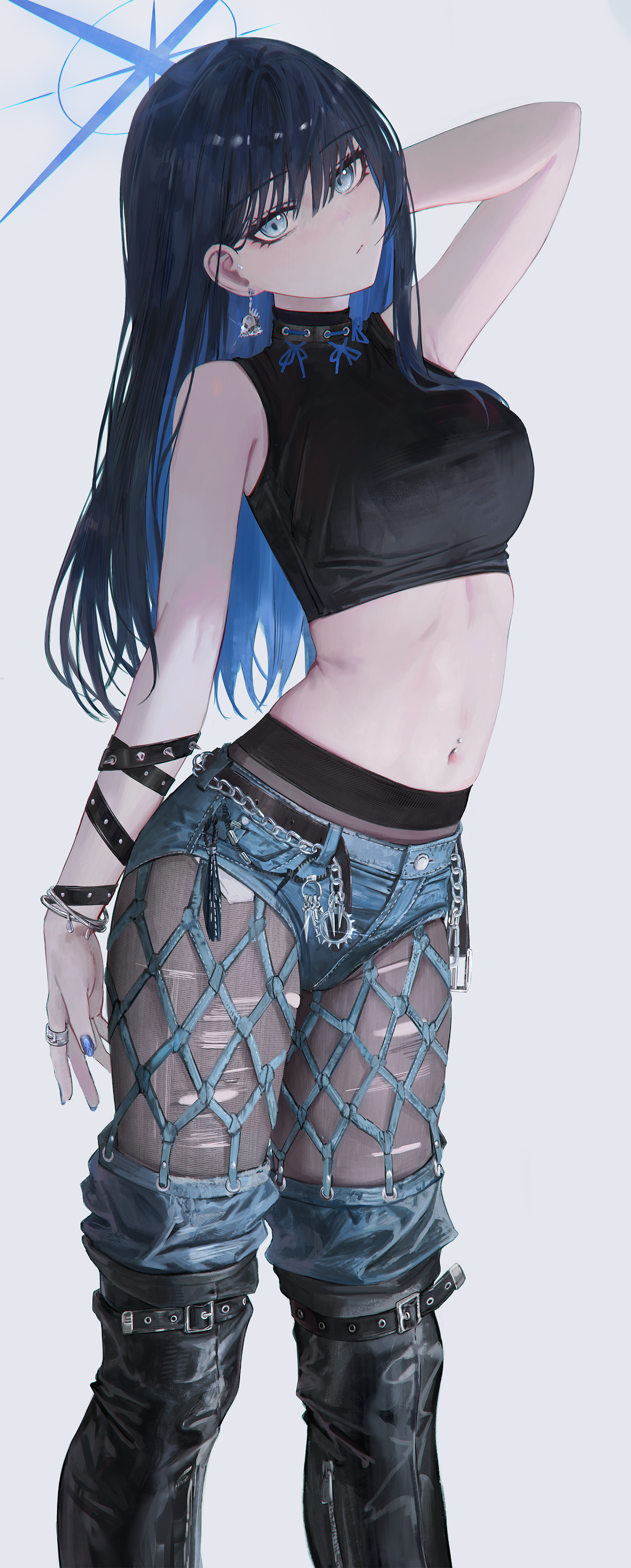 flippy (cripine111), saori (blue archive), blue archive, absurdres, highres, 1girl, alternate costume, bare shoulders, black boots, black hair, black pantyhose, black shirt, blue hair, blue shorts, boots, closed mouth, colored inner hair, crop top, denim, denim shorts, earrings, exposed pocket, grey background, halo, jewelry, knee boots, long hair, looking at viewer, micro shorts, midriff, multicolored hair, navel, navel piercing, pantyhose, piercing, shirt, shorts, simple background, sleeveless, sleeveless shirt, standing, stomach, torn clothes, torn pantyhose